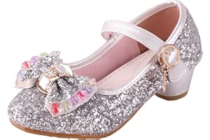 iTVTi Girls Princess Flower Shoes Mary Jane Glitter Sequin Party Wedding Low Heel