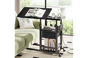 DAPOTUGI Height Adjustable Overbed Table with Wheel and Charging Station, Tiltable Desk C Shaped End Table for Couch, 2-Tier Overbed Bedside Desk with Storage Shelve for Living Room Bedroom