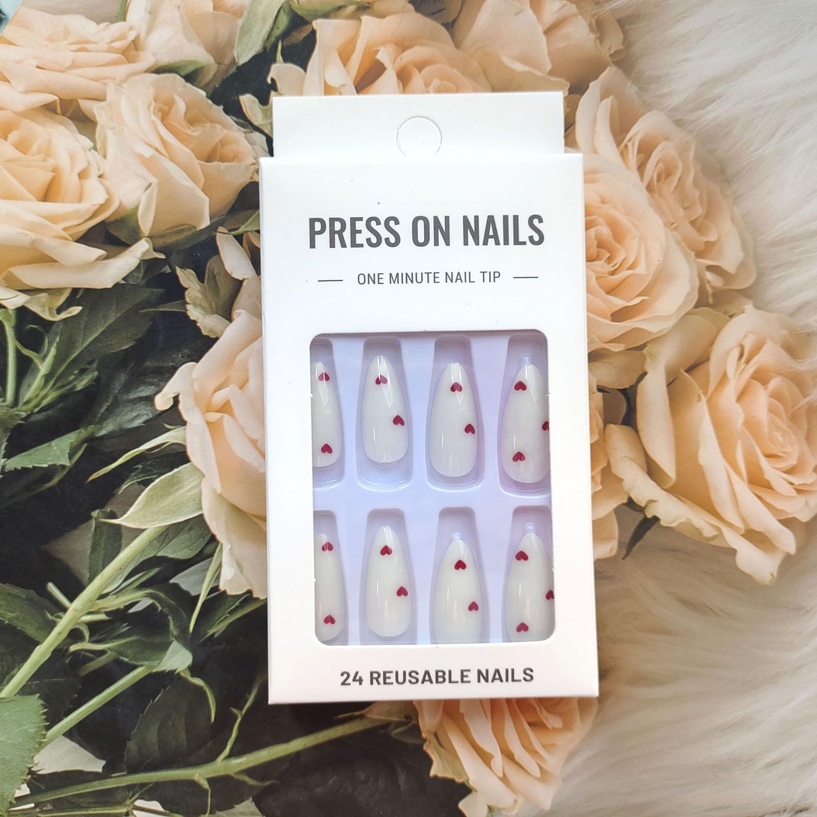 Almond Press on Nails Heart Fake Nails Medium Length Acrylic Nails Glossy Yogurt White False Nails with Wine Red Heart Designs Daily Glue on Nails for Women Girls - Image 6