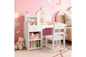 GarveeHome Kids Vanity with Lighted Mirror, 2 in 1 Princess Vanity Set Toddler Vanity Table & Chair Set with Open Bookshelf, Storage Cabinet & Shelves for Little Girls
