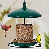 Metal Bird Feeder for Outdoors Hanging,3.0LB Seed Feeder,Easy to Fill & Clean,360° Feeding,Chew Proof Weatherproof Roof for Gardens and Wild Birds,Green
