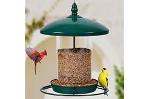 YOUVIP Metal Bird Feeder for Outdoors Hanging,3.0LB Seed Feeder,Easy to Fill & Clean,360° Feeding,Chew Proof Weatherproof Roof for Gardens and Wild Birds,Green