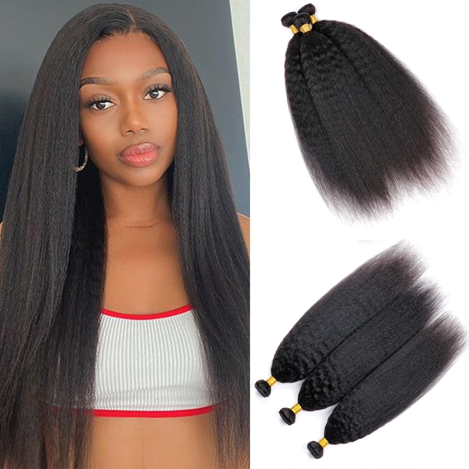 Huarisi Yaki Straight Bundles Human Hair 22 24 26 inch 3 Bundles Kinky Straight Weaves 300g 8a Unprocessed Brazilian Virgin Hair Double Weft Remy Hair Extensions for Black Women Natural Color — image 1