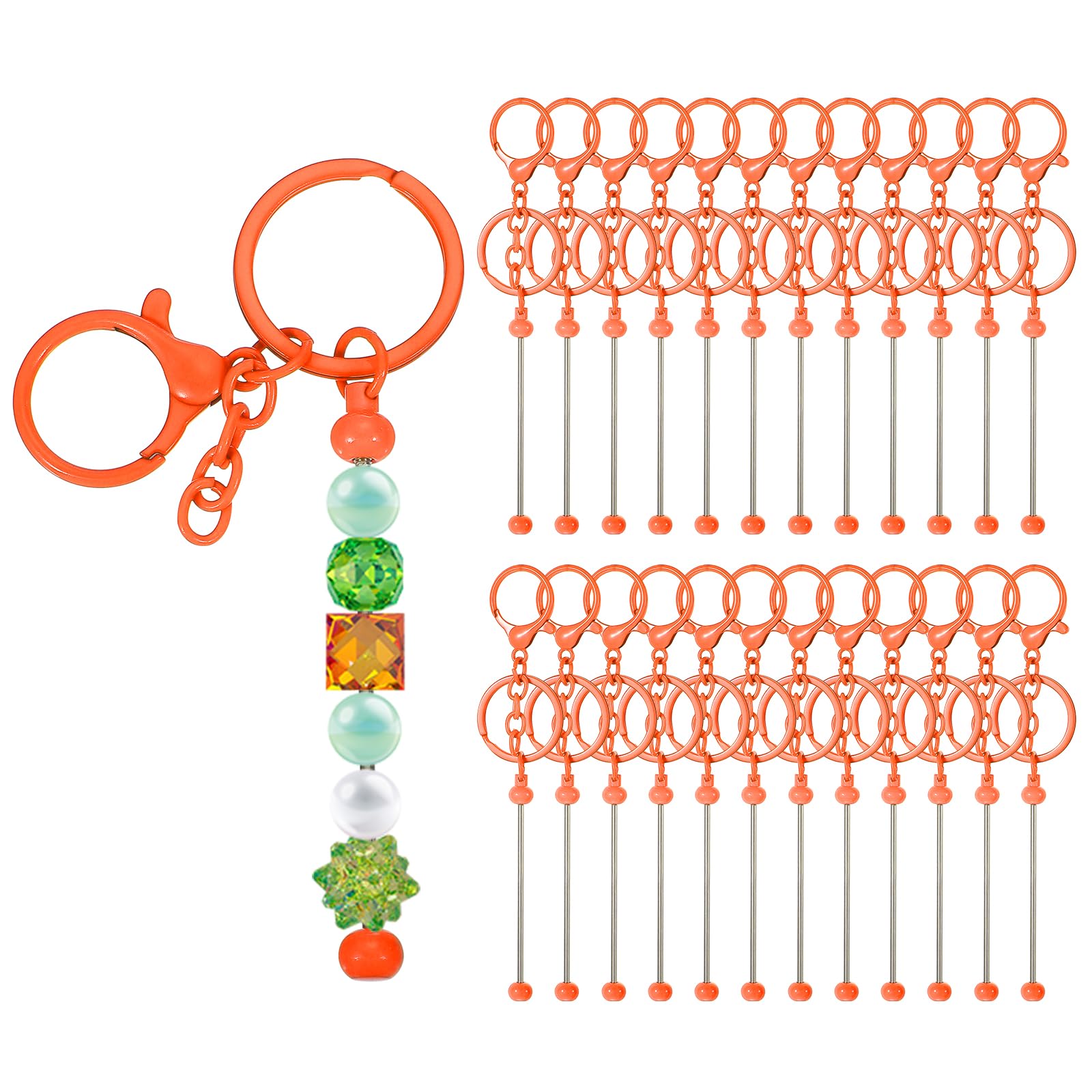 PATIKIL 24 Pcs Beadable Keychains Bars, Metal Beaded Keychain Blanks Bulk Making Supplies Kit with Lobster Hook for Pendant DIY Art Crafts, Orange