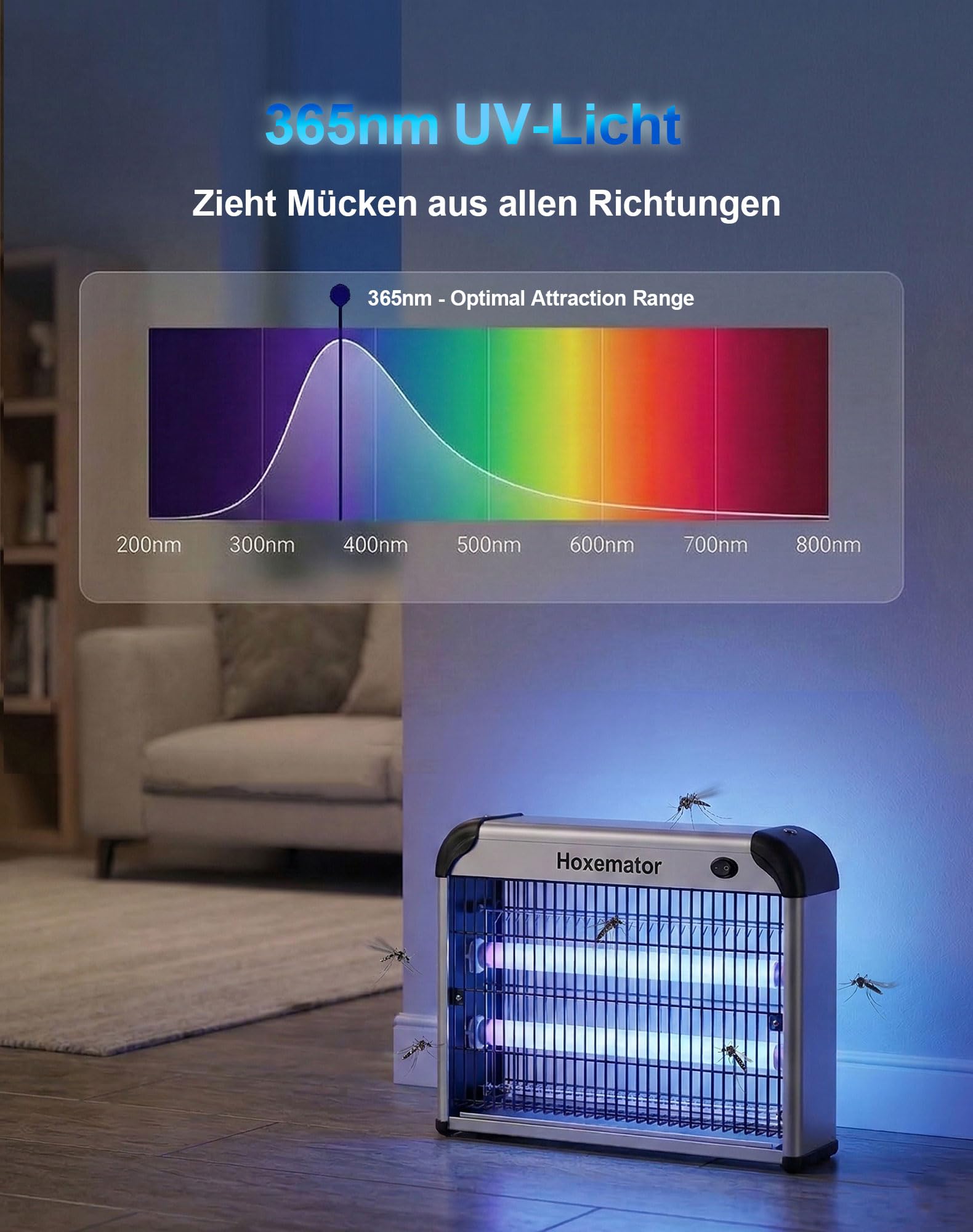 Hoxemator Elektrischer Insektenvernichter 20W Mückenlampe mit Dual 365nm UV Licht & 2000V Hochspannungs-Gitter, Fliegenfalle Elektrisch Chemiefrei, Hängend oder Tischgerät für Haus, Küche, Garage 3