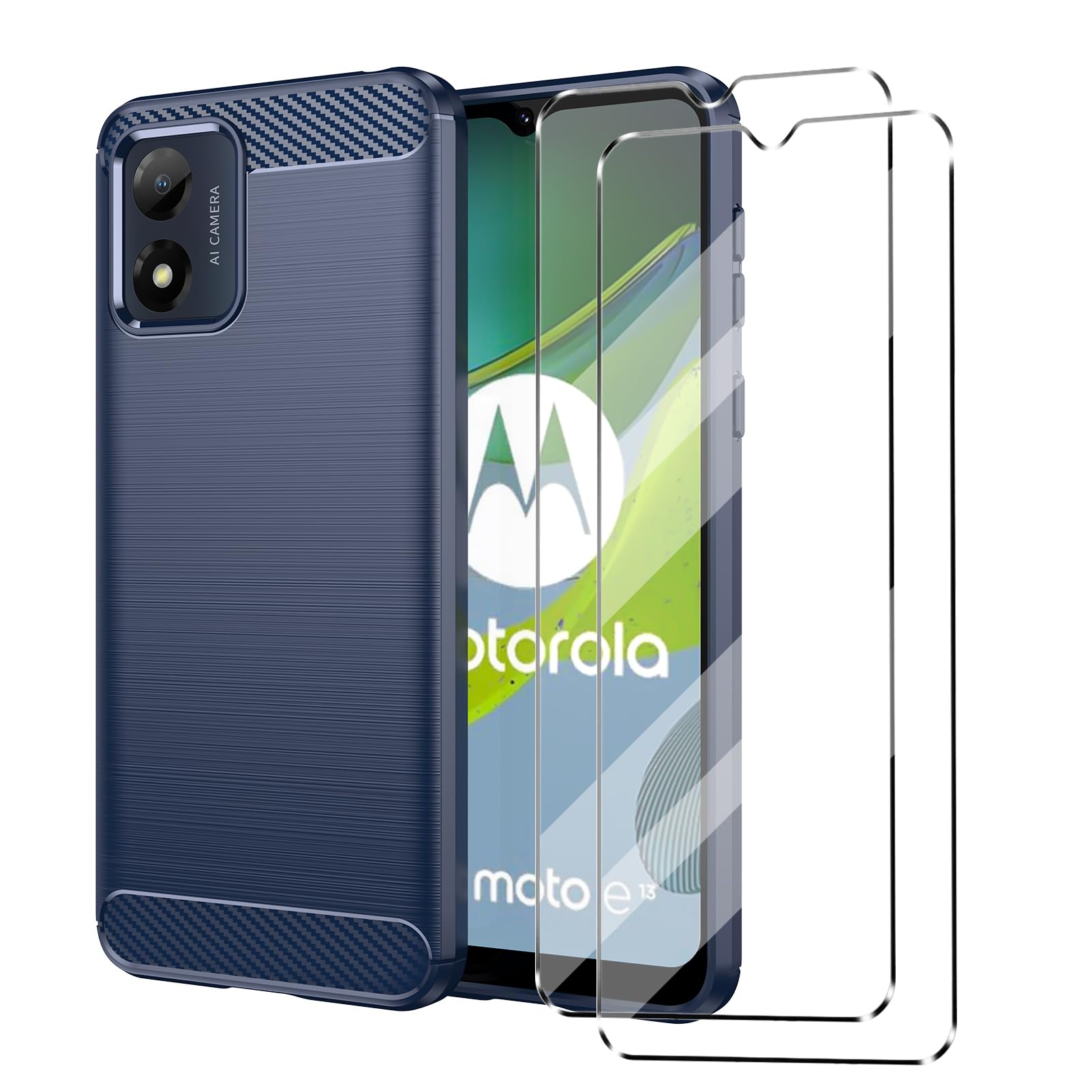 [3 in 1] Case Compatible with MOTO E13 Cover with 2 Pack Tempered Glass Screen Protector for MOTO E13, Slim Fit Soft TPU Shockproof Anti-Scratch Phone Case Cover - Navy