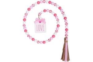 SUMERSHA Valentine's Day Wood Bead Garland with Tassel Tags 41.3 Inch Pink White Rustic Wooden Beads Farmhouse Decor Wall Hanging Ornament Tiered Tray Fireplace Valentines Decorations (Pink Plaid)