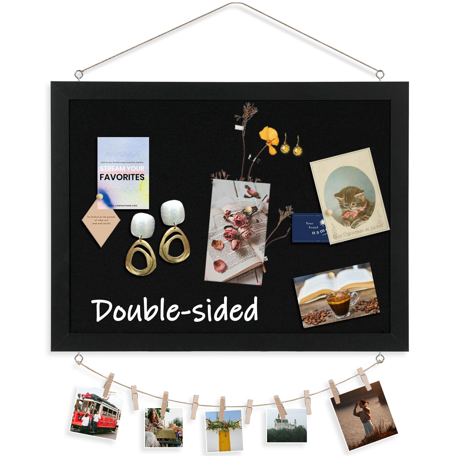 DOLLAR BOSS Black Pin Board Cork Board with Linen Double-Sided 1-Pack 30 X 40CM, Decorative Hanging Cork Boards for Walls Wood Framed Display Pin Board, Small Bulletin Board for Home Kitchen Office