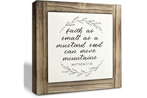 XJCUG Christian Sign, Box Wood Plaques Desk Décor, Motivational Positive Quotes Wood Sign, Table Art Signs, Rustic Farmhouse Home Decor, Faith as Small as A Mustard Seed Can Move Mountains - Matthew 17:20