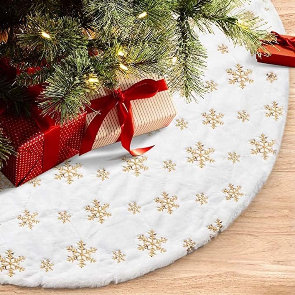 RongXuan Christmas Tree Skirt Plush Round Christmas Tree Blanket with Sequins Snowflake Christmas Tree Stand Carpet Tree Blanket 35 Inch Gold