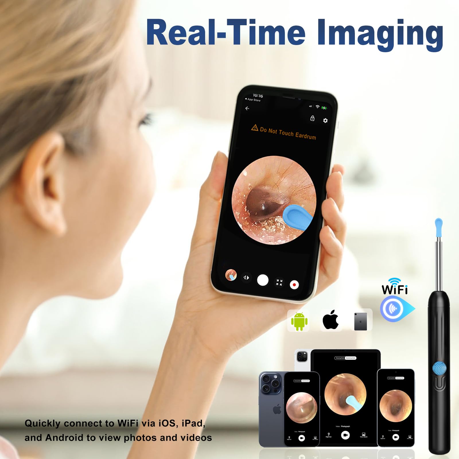Ear Wax Removal, Ear Cleaner with Camera with 1080P, Ear Wax Removal Tool with 6 LED Light, Ear Wax Removal Kit with 8 Ear Pick, Ear Camera for iPhone, iPad, Android Phones (Black)