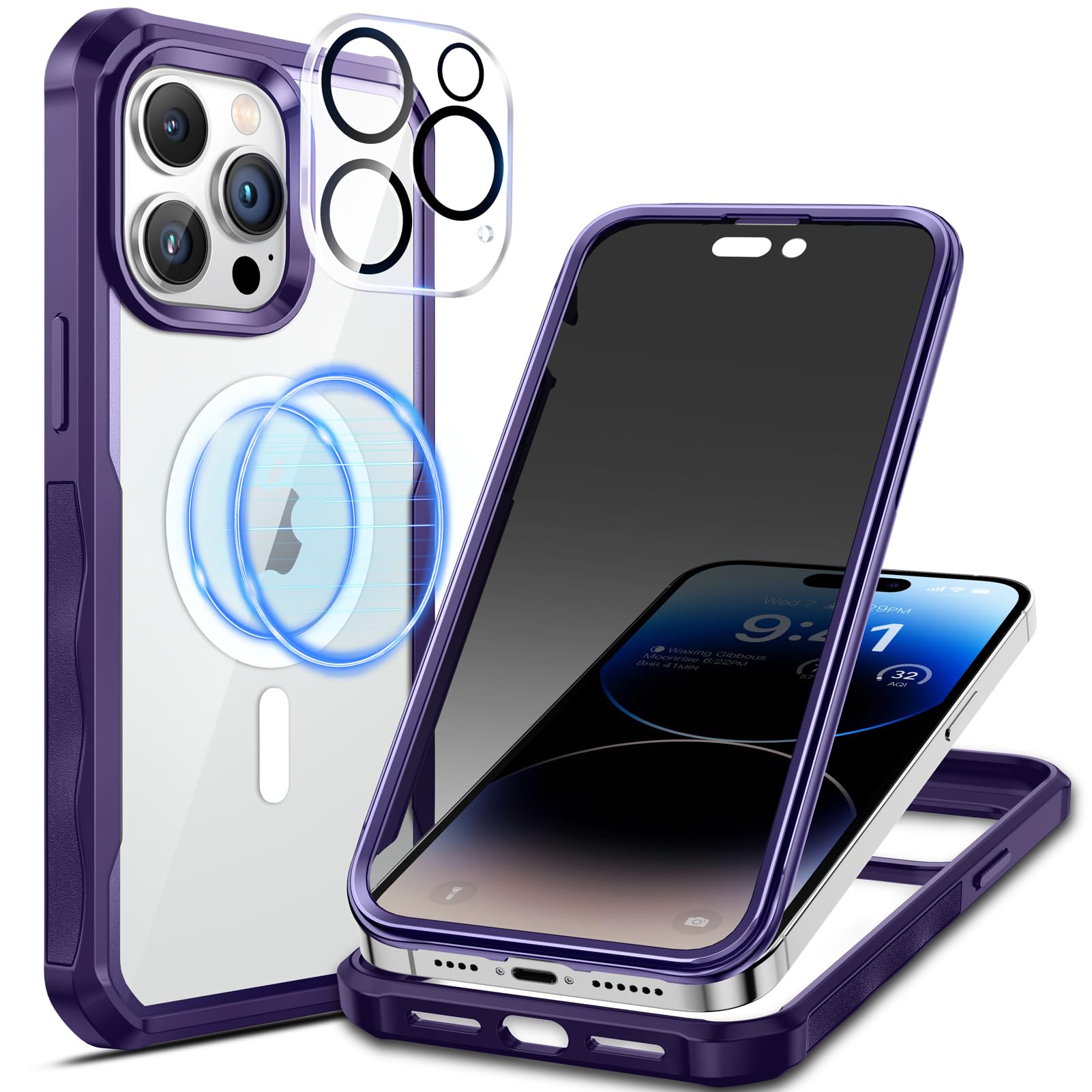 seacosmo Magnetic for iPhone 14 Pro Case 6.1 Inch, Privacy Phone Case Compatible with Magsafe Built-in 9H Tempered Glass Privacy Screen Protector + Camera Protective Full Body Shockproof Case, Purple — image 1