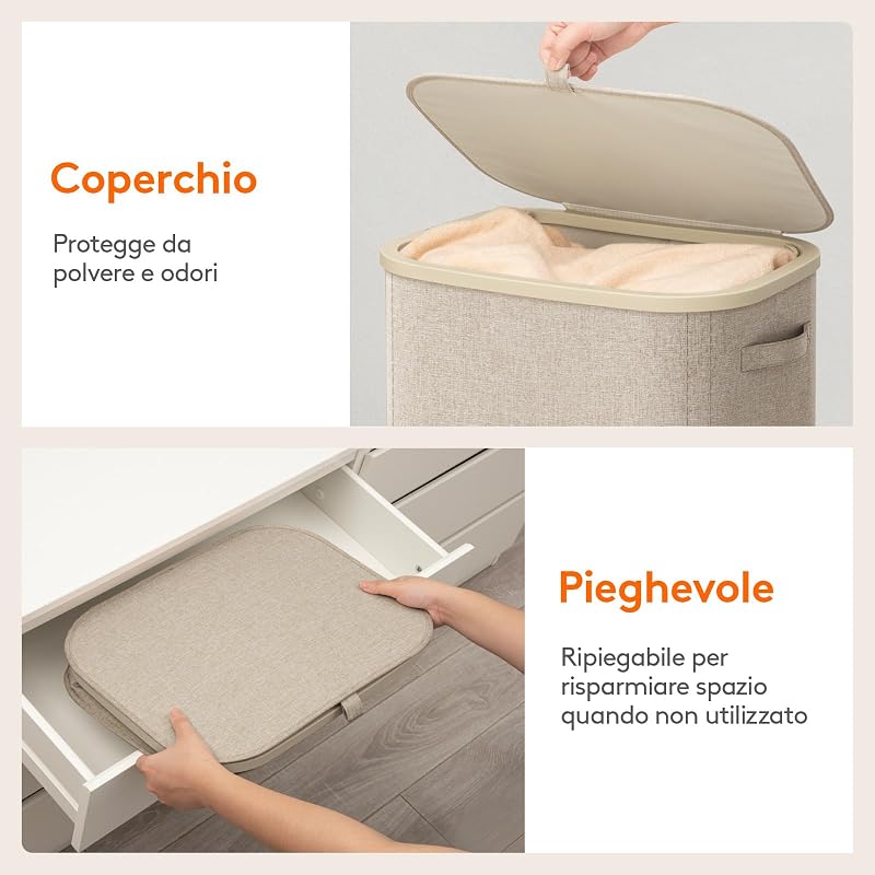 Cesto Portabiancheria, Cesta Panni Sporchi con coperchio, Laundry Basket con Plastica Manici, Porta Biancheria Sporca per Bagno, Lavanderia, Camera da Letto, 105 L, Beige
