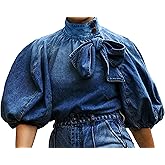 Tbahhir Women's Denim Blouse Blue Bow Tie Jean Shirt Puff Sleeves Mock Neck Cropped Top Casual