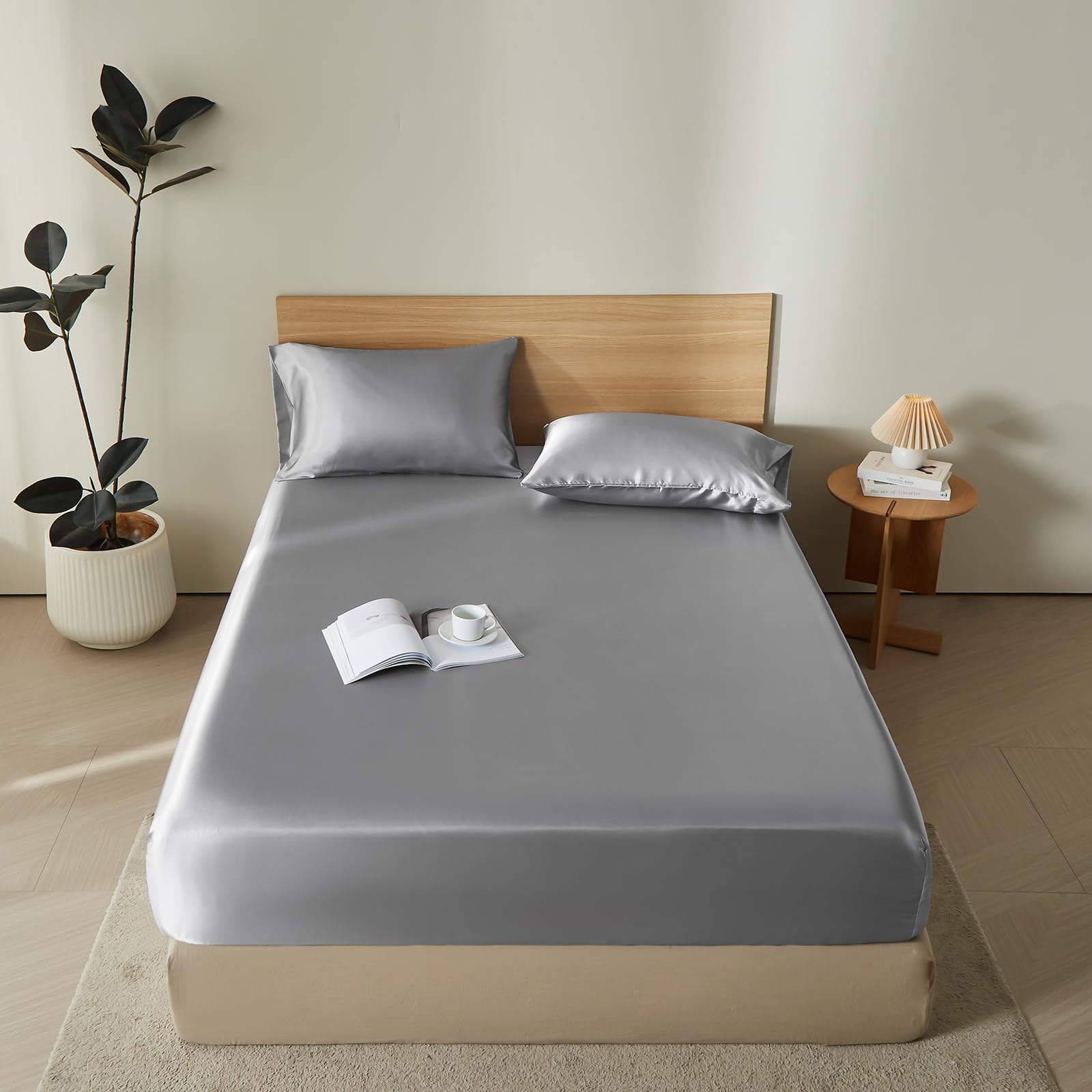 DuShow Fitted Sheet-Deep Pocket Satin Silky Bed Sheet,Breathable Soft and Comfortable-Wrinkle,Fade,Satin and Abrasion Resistant(Double,Gray) — image 1