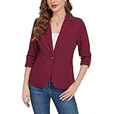 LADI TREND Women 3/4 Ruched Sleeve Jacket Blazers Casual Work Office Dressy with Pockets Single Button Comfortable Business Outfit Suit *Wine Red,Size 2XL*