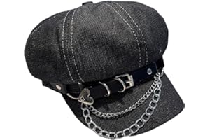 Gothic Denim Beret Hat Y2k Chain Heart Newsboy Cap Vintage Punk Artist Painter Hat