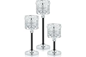 Kehail Set of 3 Floral-Carved Crystal & Metal Tealight Candelabras - Elegant Silver & Black Wedding Centerpiece, Dining Table Decor, Votive Candle Holders