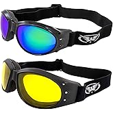 Global Vision Eliminator Padded Motorcycle Riding Goggles 2 Pair Black w/Yellow & Green Mirror Lenses