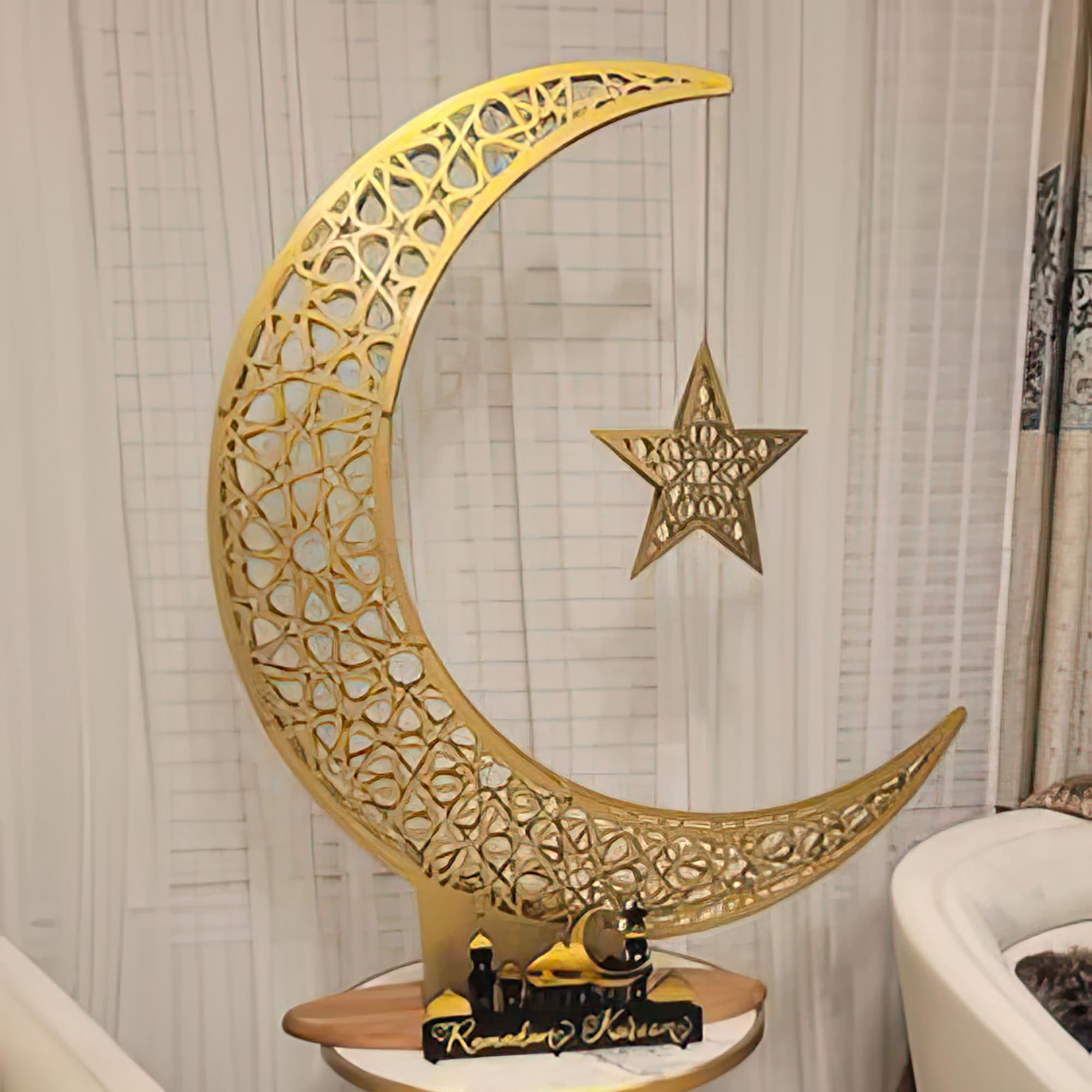 iwa concept Metal Crescent Islamic Decor, Moon and Star Ramadan Art, Islamic Table Top Decoration Gift for Muslims in Ramadan Eid (52 x 44 cm | 20.8 x 17.6 inches | Small)