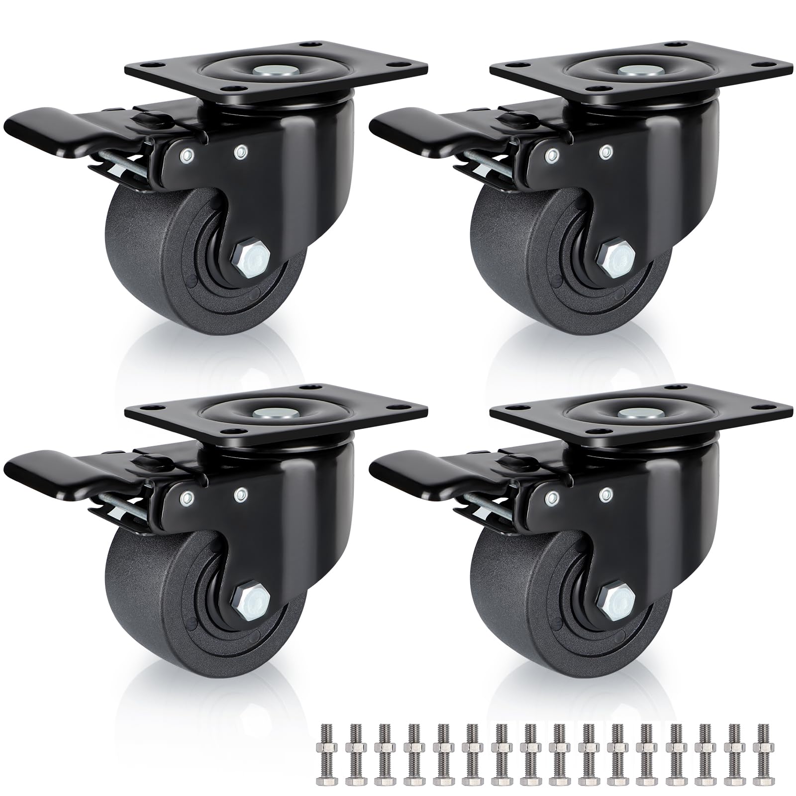 Skelang Plate Swivel Casters, 75 mm Heavy Duty Caster Wheels, Low Profile Caster with Brake for Industrial Machine Equipments, Heavy Workbench, Movable Furniture, Dolly, Pack of 4