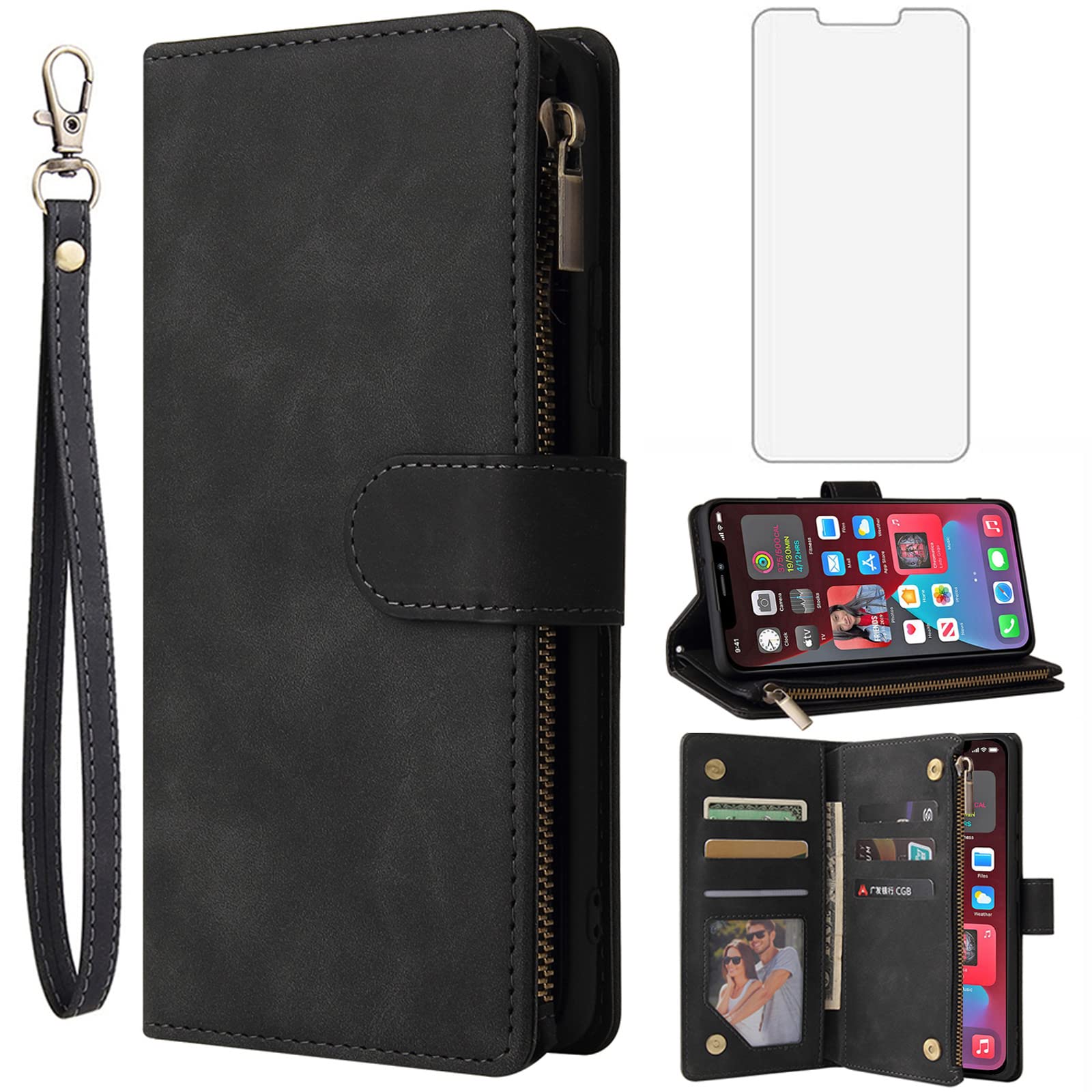 Asuwish Compatible with iPhone 12 Pro Max 6.7 Wallet Case Tempered Glass Screen Protector and Flip Cover Card Holder Phone Cases for iPhone12promax 5G i 12s Plus iPhone12 12pro Promax Women Men Black