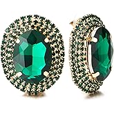 Glamorous 18K Gold-Plated Stud Earrings, Large Green Oval Crystal with Pave Rhinestones Halo Statement Earrings