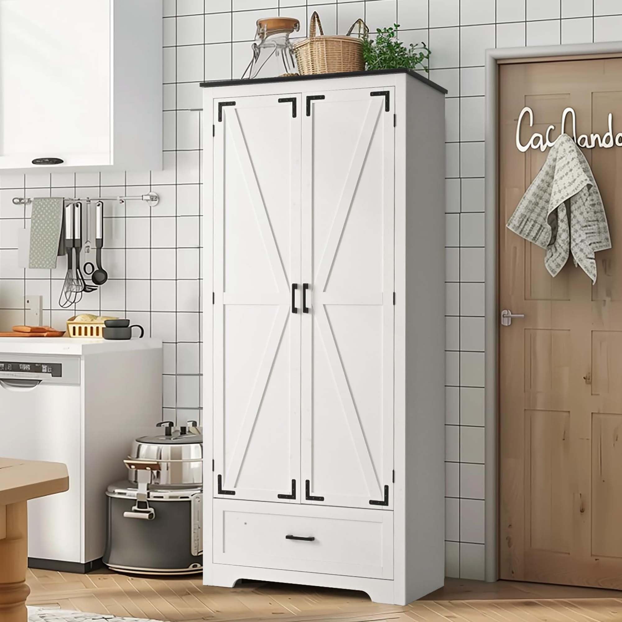 Photo 1 of ***Damaged Packaging*** ***Potentially Missing Parts*** Pamapic Farmhouse Kitchen Pantry Cabinet - 71" Tall Wooden Storage Cabinets with 2 Barn Doors, Versatile Storage Cabinet with Shelves & Drawers for Dining Room, Bathroom,White