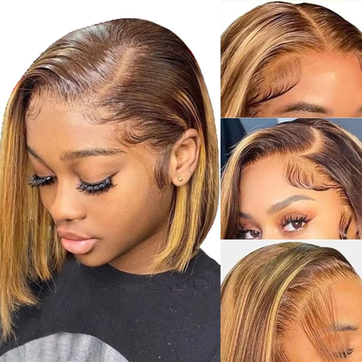 Photo 1 of 4/27 Highlights Bob Wigs Human Hair Wear and Go Glueless Ombre Highlight 13X4 HD Lace Short Bob Frontal Wigs Human Hair Pre Plucked with Baby Hair Transparent Honey Blonde Bob Wig Lace Frontal Wig
