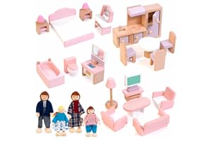 Kizfarm Wooden Dollhouse Furniture Set with 4 Family Dolls, 26 Pcs Pretend Play Dollhouse Accessories for 4 Rooms, Pink Furniture Toys Birthday Gifts for Girls Boys Age 3+