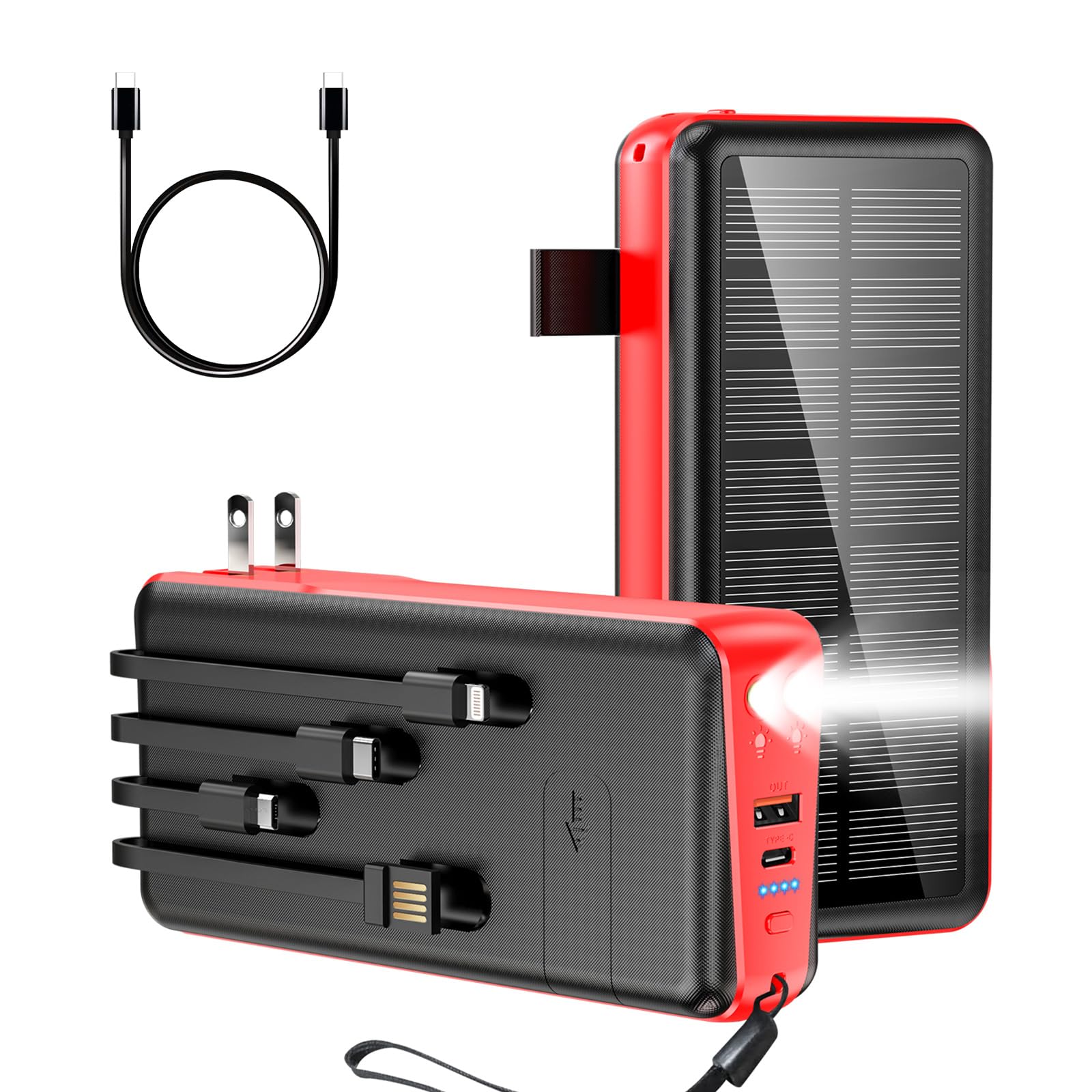 Photo 1 of boogostore Portable Charger with Built in Cable and Wall Plug 50000mAh 22.5W Fast Charging Solar Power Bank with 5 Output & 2 Input Dual LED Flashlights Phone Holder External Battery Pack (Red)