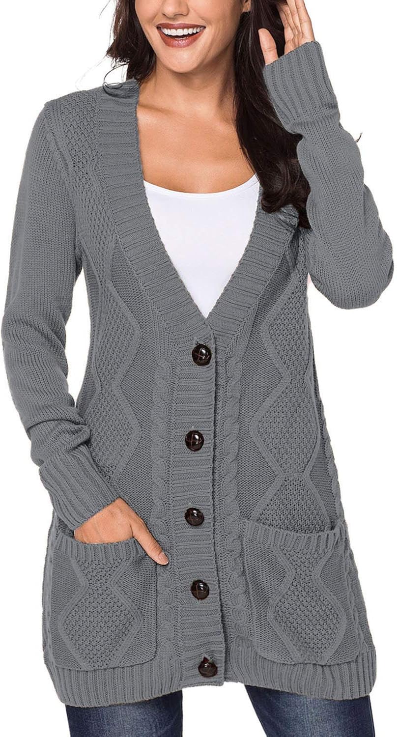 luvamia Womens Long Sleeve Open Front Buttons Cable Knit Pocket Sweater Cardigan at  Women’s Clothing store
