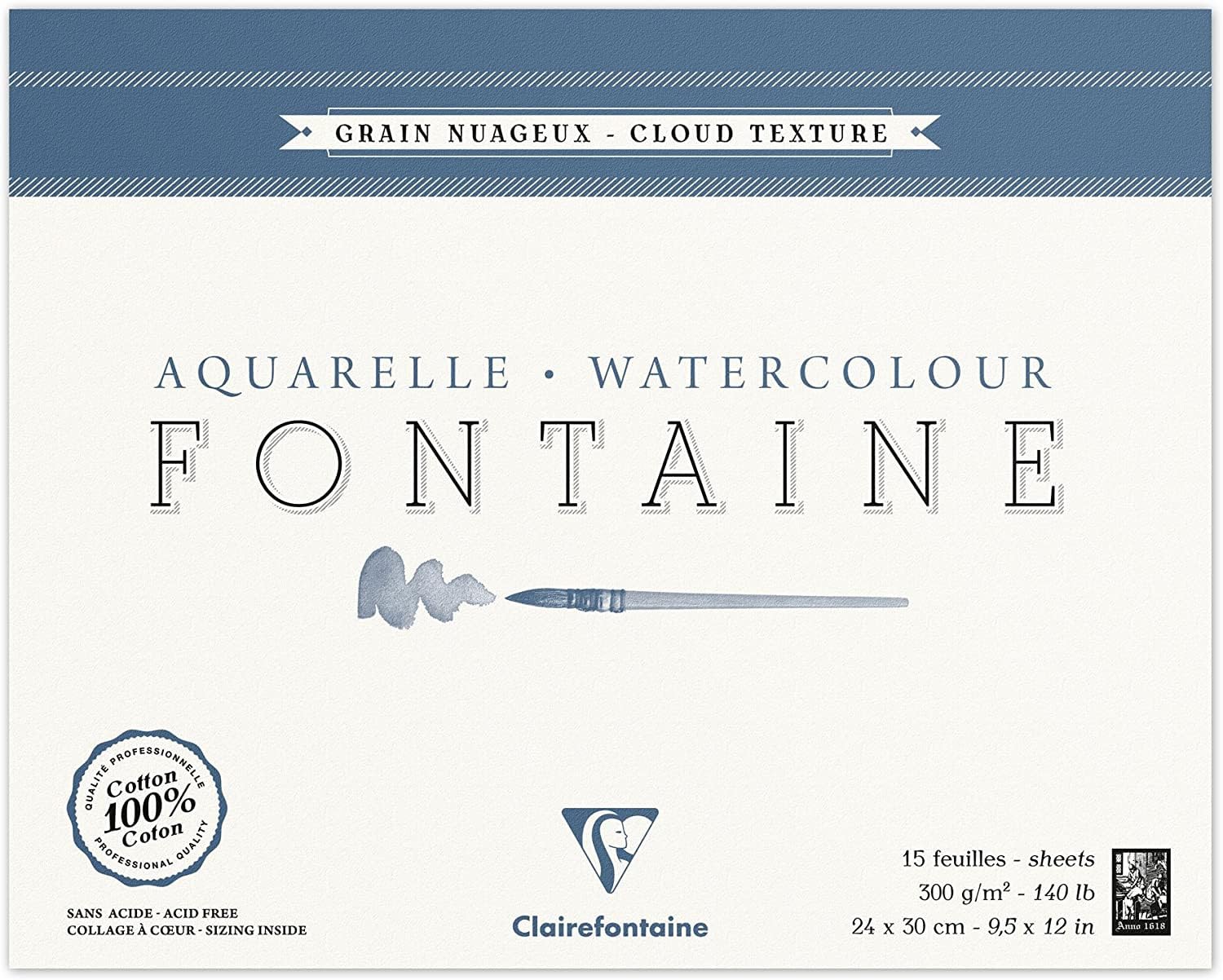 Clairefontaine - Ref 96421C - Fontaine Cloud Texture Watercolour Glued Pad (15 Sheets) - 24 x 30cm Size, 300gsm Paper - Suitable for Watercolour Artwork