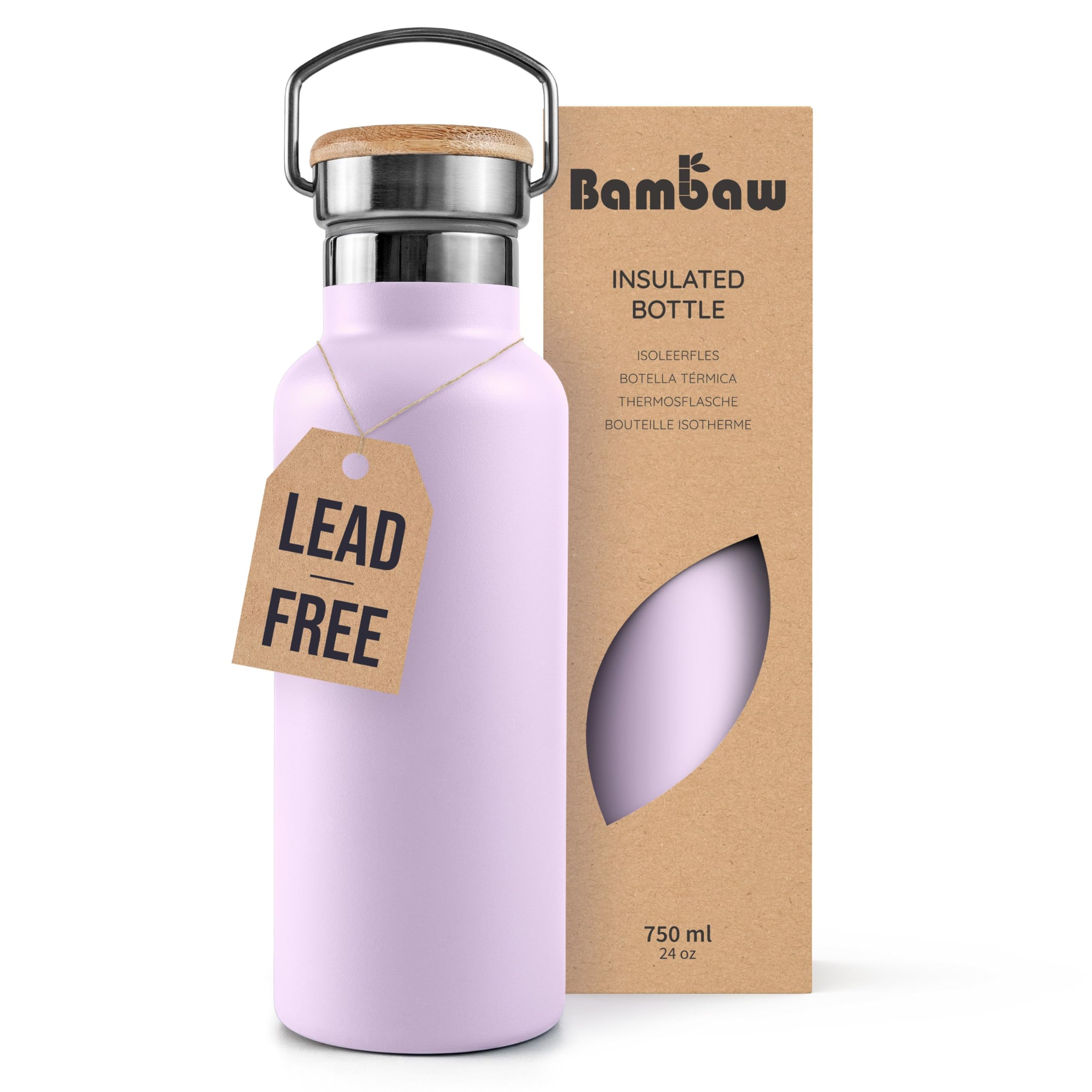 Bambaw Insulated Water Bottle 750ml, Water Bottle Stainless Steel 750ml Insulated, Leak-Proof & Lightweight, Reusable, Double-Walled & Great for Travel or Office (Lavander Haze)