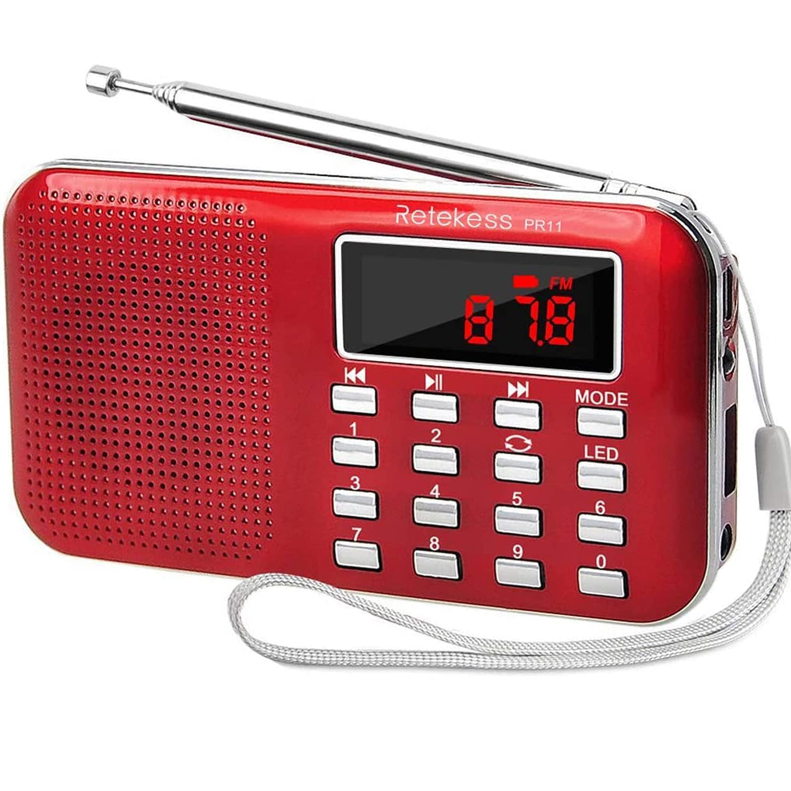 Retekess PR11 Portable Radio Rechargeable, Small Radio FM AM, with Emergency Flashlight, Support Automatic Storage, USB/TF/AUX/MP3, for Bathroom, Kitchen (Red)