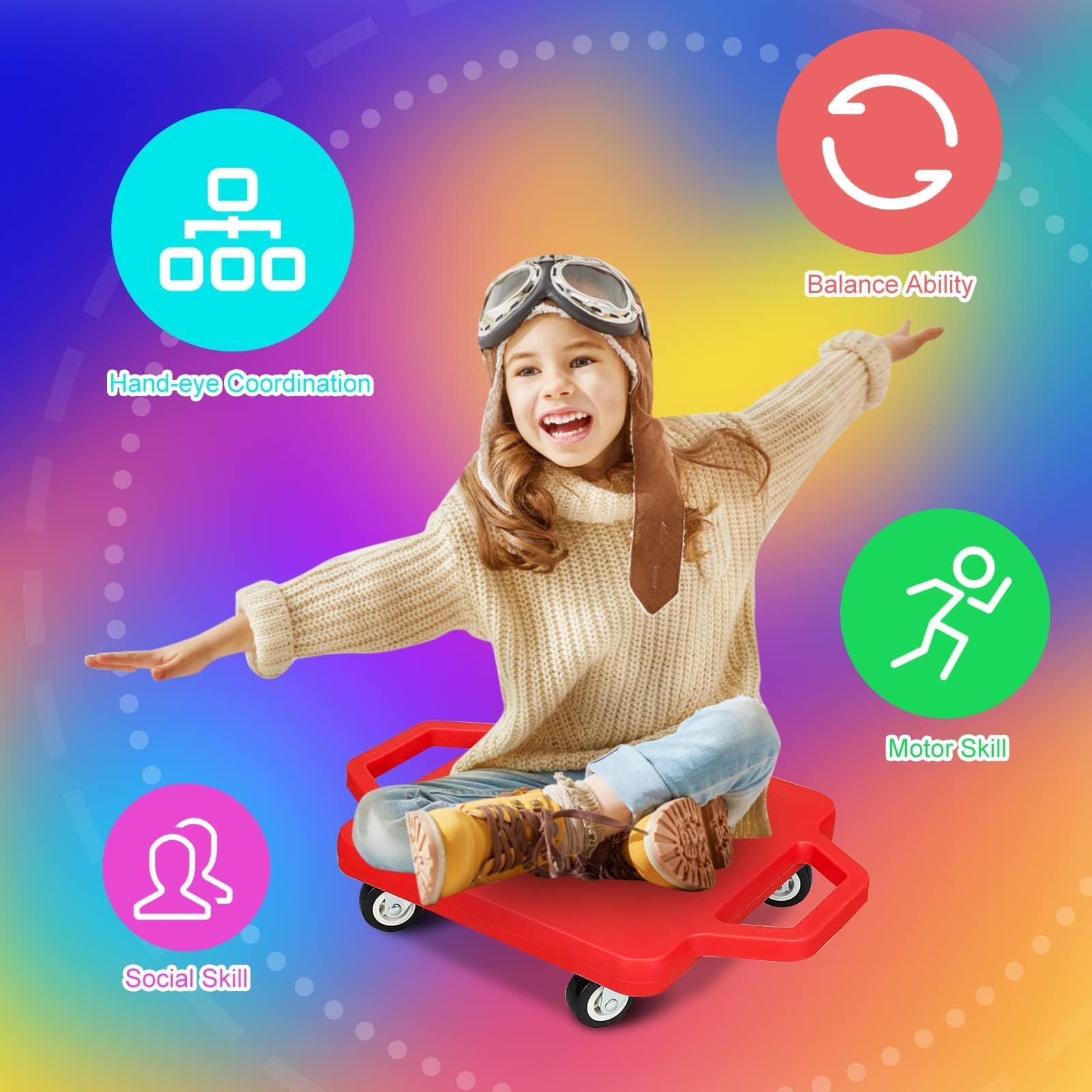 12 Pcs Sports Scooter Board with Handles for Kids Non-Marring Plastic Casters Floor Scooter Board Sitting Scooter Board Boy Girl Gym Indoor Outdoor Activities Play Equipment