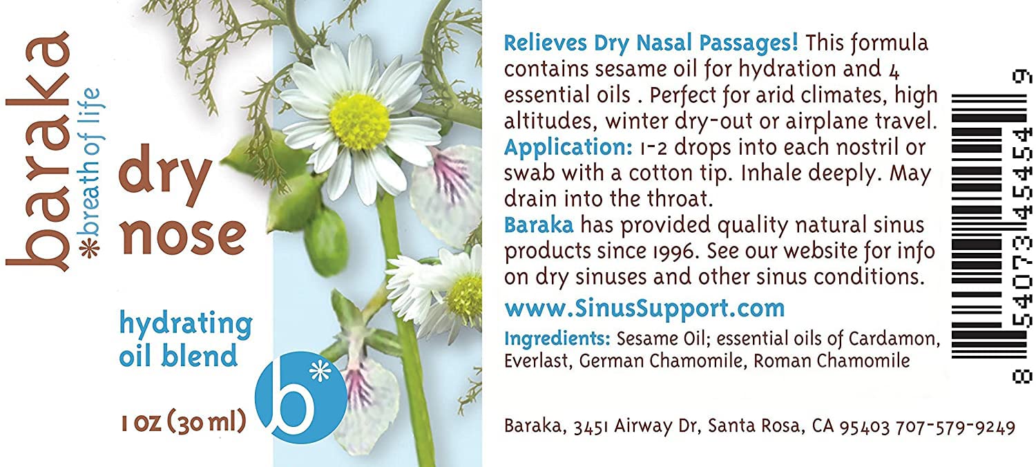 Baraka Dry Nose Nasal Moisturizer - Organic Essential Oils (Cardamom, Everlast, German & Roman Chamomile) in Sesame Oil Base - Hydrating Sinuses & Dry Nose - (1 oz Dropper Bottle)