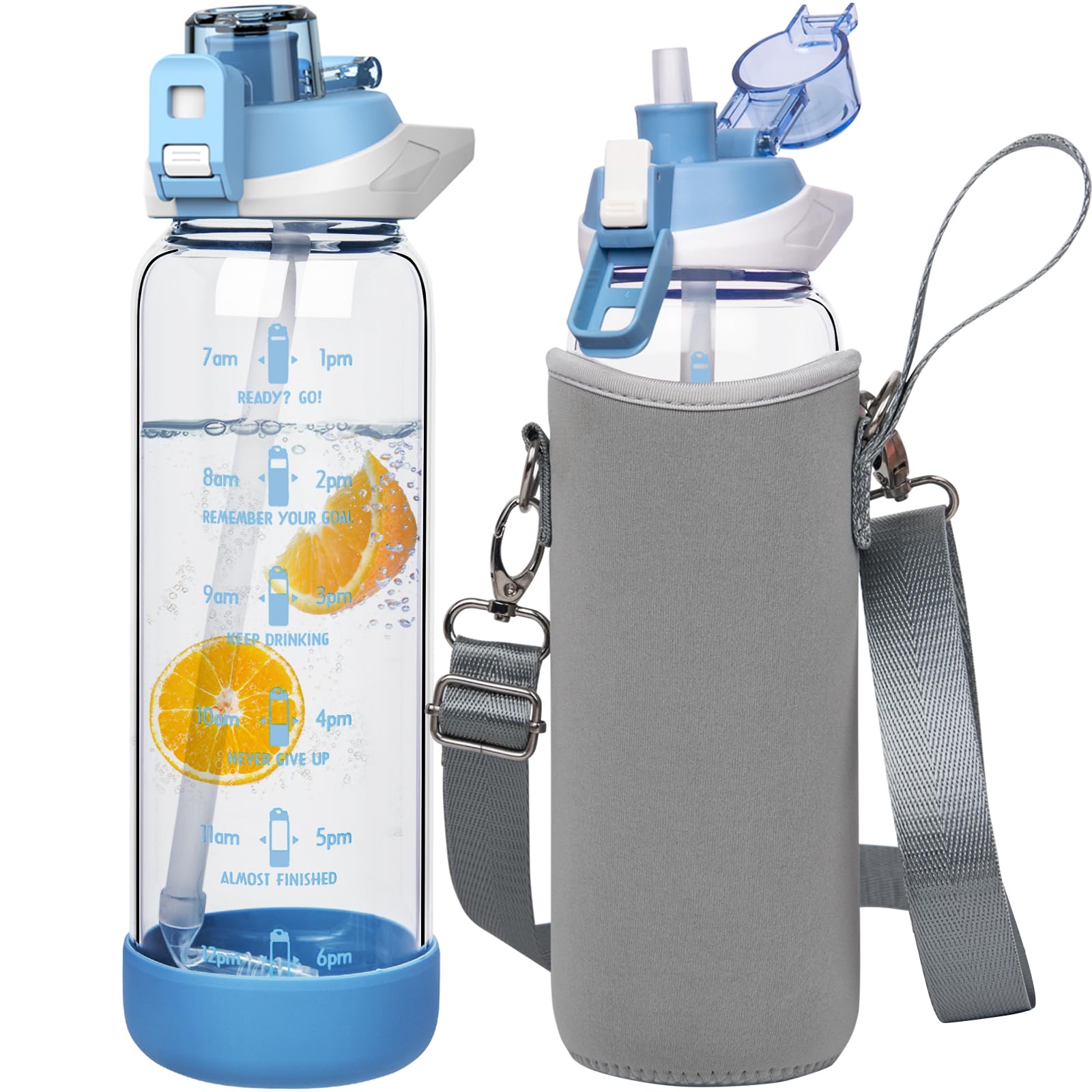 Seekua 800ml Glass Water Bottle with Straw & Time Markings BPA free Motivational Glass Drinking Bottle Leakproof