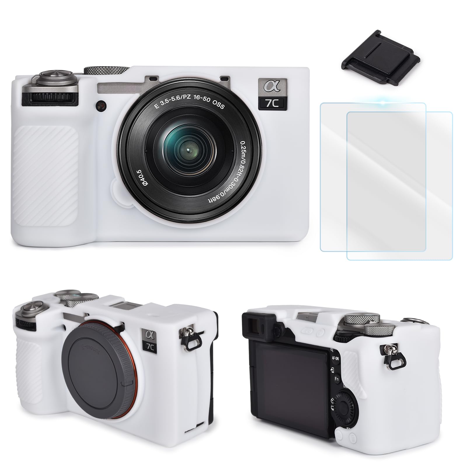 A7CM2 Camera accessory Kit compatible with Sony Alpha 7C II-Silicone Protective Case[WHITE]&LCD Screen Protector[2 Packs]&One Hot Shoe Cover