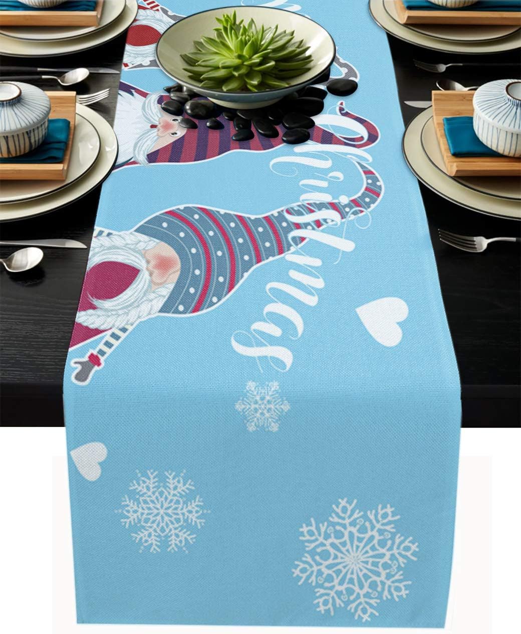 Christmas Gnome Table Runner 18x72 inch Linen Burlap