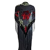 JJcollection Silk Base Burn-out Velvet Triangle Scarf, with 8" Tassel on two sides, Flora pattern, Black and Red Color