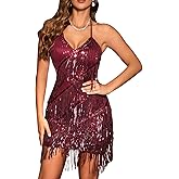 houstil 1920s Sequin Dress for Women V Neck Halter Gatsby Flapper Dresses Tie Back Formal Club Party Evening Gown