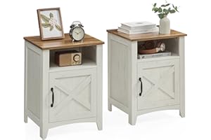VASAGLE LIRY Collection - Farmhouse Nightstand with Barn Door, Set of 2, Bedside Table with Storage, Side End Table, Night Stand, Open Compartment, for Bedroom, Rustic White and Honey Brown ULET809K41