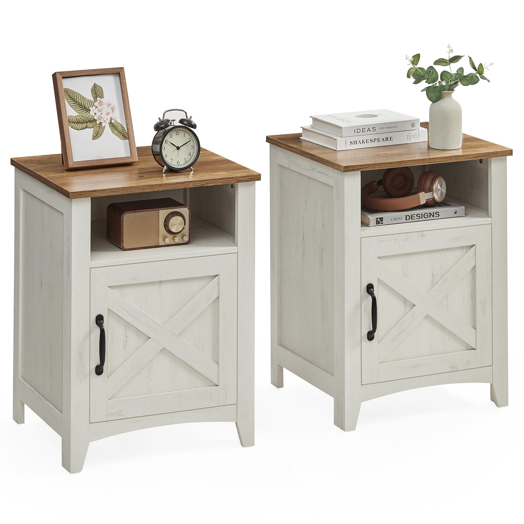 Photo 1 of **missing parts** VASAGLE LIRY Collection - Farmhouse Nightstand with Barn Door, Set of 2, Bedside Table with Storage, Side End Table, Night Stand, Open Compartment, for Bedroom, Rustic White and Honey Brown ULET809K41