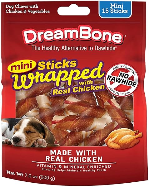 DREAMBONE MINI STICKS WRAPPED WITH REAL CHICKEN, RAWHIDE FREE DOG CHEW STICKS, 15 COUNT
