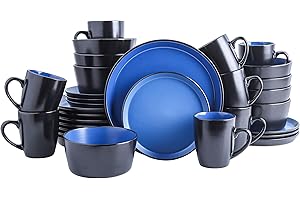 Stone Lain Albie Stoneware 32-Piece Modern Dinnerware Set, Kitchen Plates and Bowls Sets, Dish Set for 8, Blue and Black