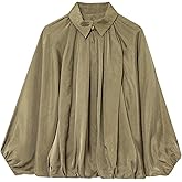 Xunger Women's Puffed Bomber Jacket Oversized Streetwear Casual Batwing Sleeve Lapel Collar Zip Front Pleated Shirts