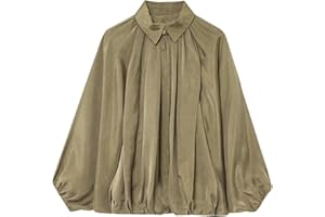 Xunger Women's Puffed Bomber Jacket Oversized Streetwear Casual Batwing Sleeve Lapel Collar Zip Front Pleated Shirts