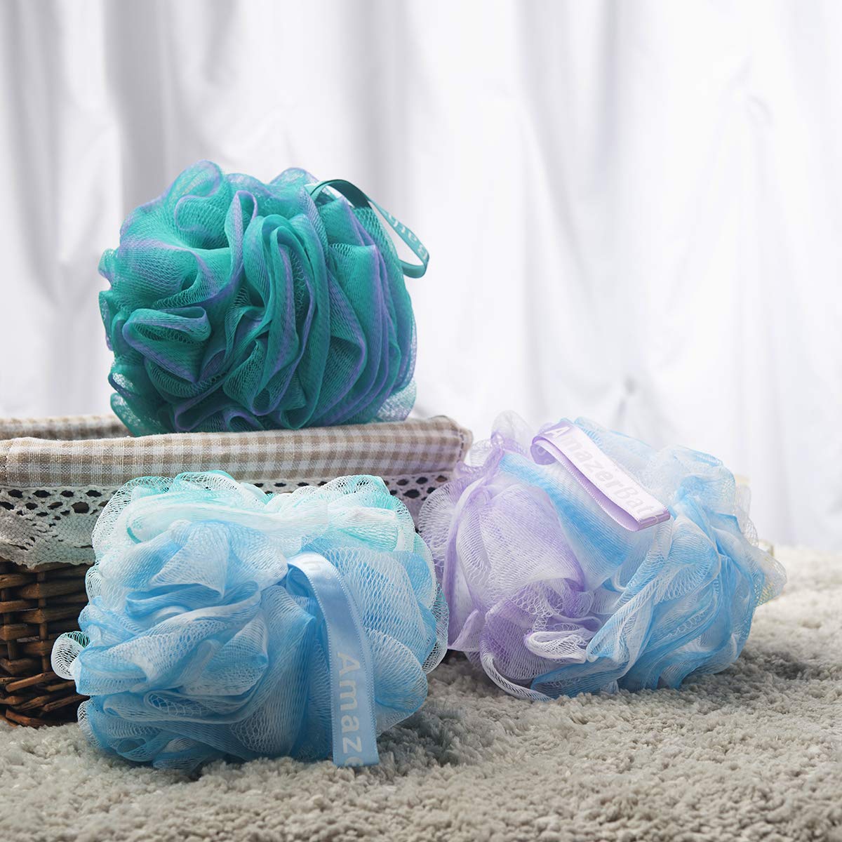 AmazerBath Shower Sponge Bath Loofahs for Shower 75g for Body Wash Bathroom Men Women - Set of 3 (Flower Green-Blue-Purple): Beauty