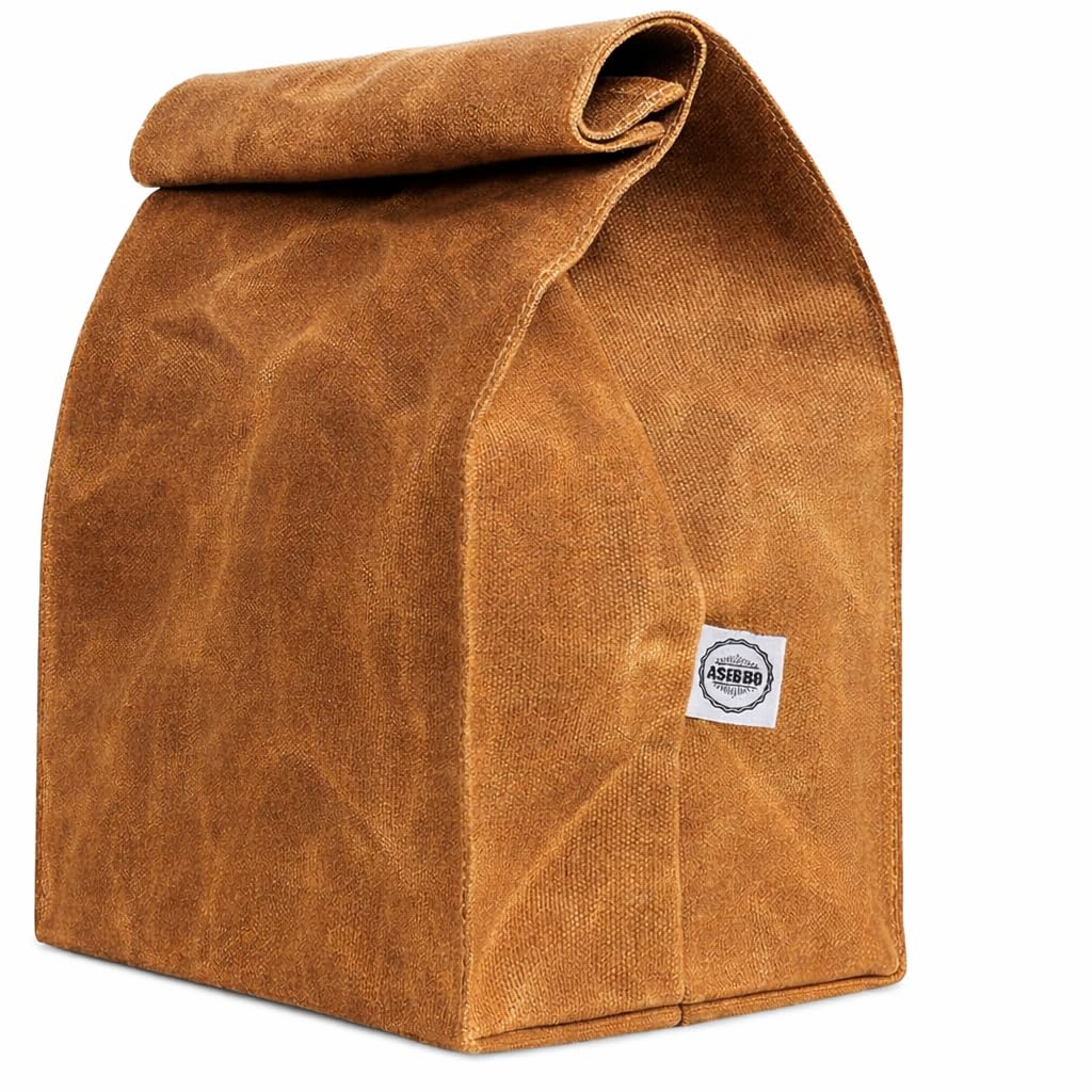 Asebbo Waxed Canvas Lunch Bag - Reusable Waterproof Lunch Sack for Office Work School Snacks - Brown Paper Bag Styled Large Lunch Bags for Women, Men, Kids - Made of 16 Oz Double Stitched Waxed Canvas